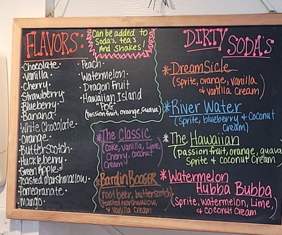 Burgers, fries, and onion rings on a diner menu.