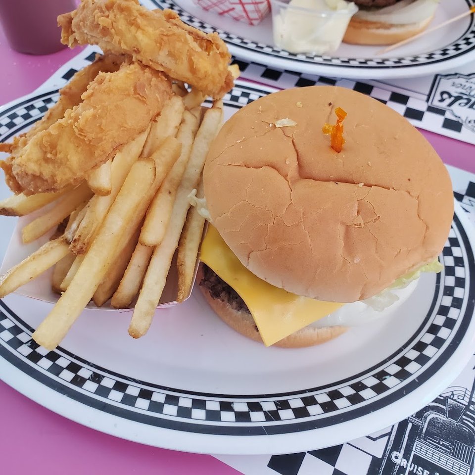 Cheeseburger with Fries and Onion Rings