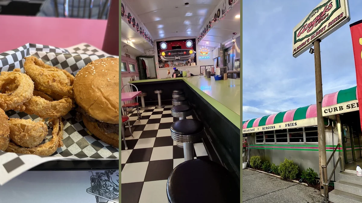 Retro diner exterior with curb service window.
